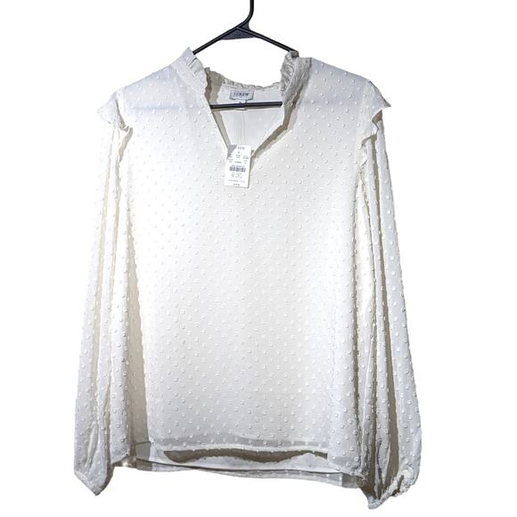 J. Crew NWT Swiss Dot Ivory Ruffle Trim V-Neck Popover Blouse Womens Sz S - Picture 1 of 12